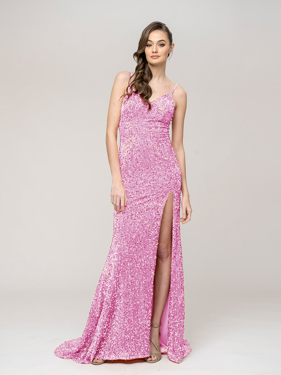 2023 Sheath Column Sequin Prom Dresses With Spaghetti Strap Open Back Yelure 1564