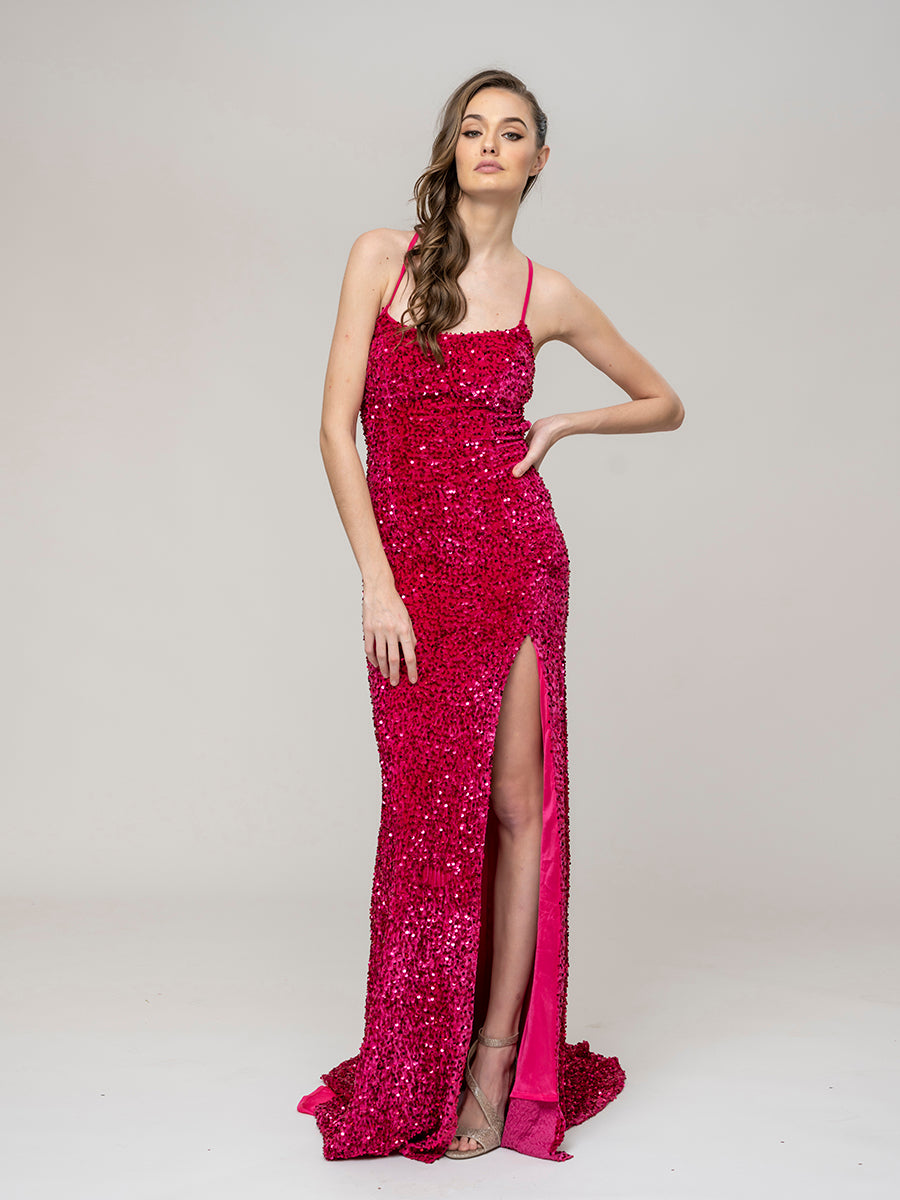 Sparkly Thigh Slit Sheath Sequin Prom Dresses Crisscross Back Floor Length  – Yelure