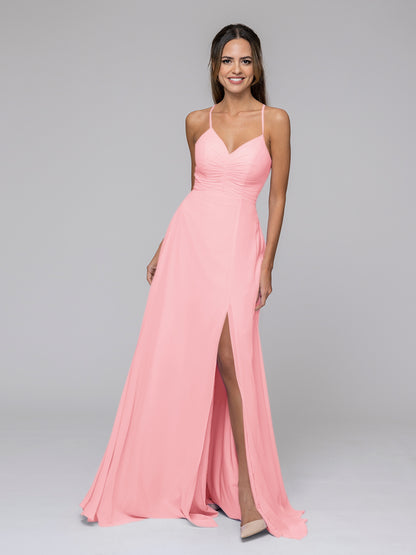 Split Sweetheart Chiffon Long Bridesmaid Dresses With Crisscross Back