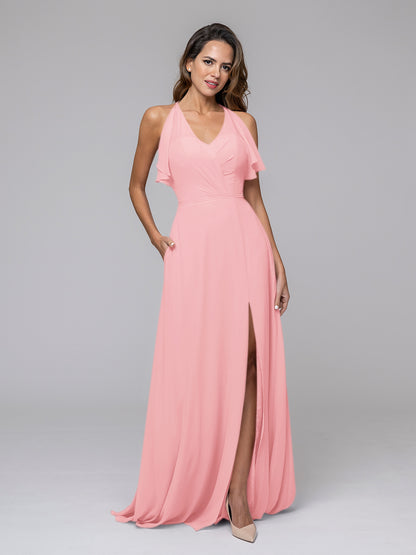 Ruffles V Neck Floor Length Chiffon Bridesmaid Dresses