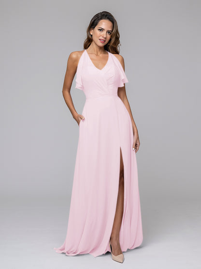 Ruffles V Neck Floor Length Chiffon Bridesmaid Dresses