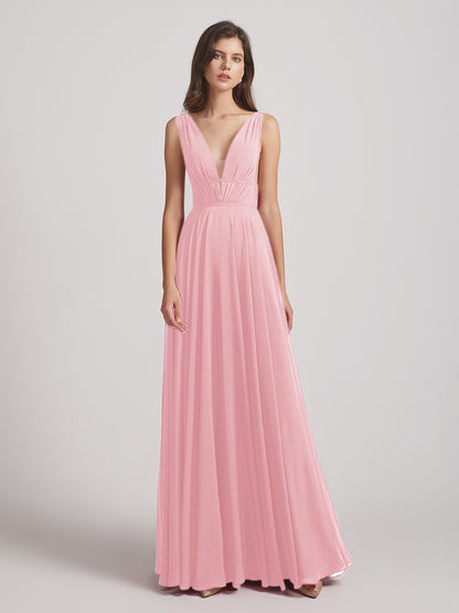 Plunging V Neck Chiffon Bridesmaid Dresses With Low Back