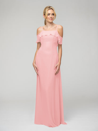 Cold Shoulder Ruffles Chiffon Bridesmaid Dresses With Open Back