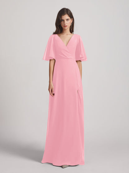 Flutter Sleeve V Neck Chiffon Bridesmaid Dresses