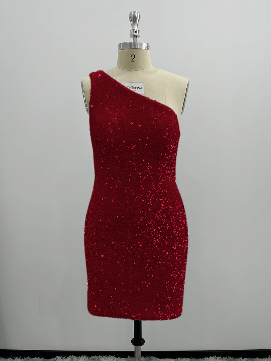 Shiny One Shoulder Velvet Sequin Sheath Homecoming Dresses