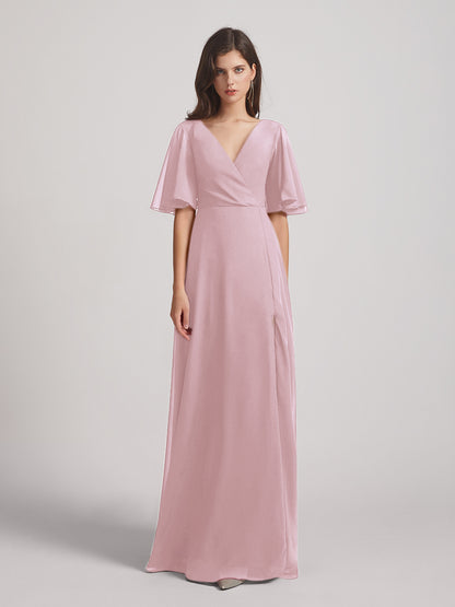 Flutter Sleeve V Neck Chiffon Bridesmaid Dresses