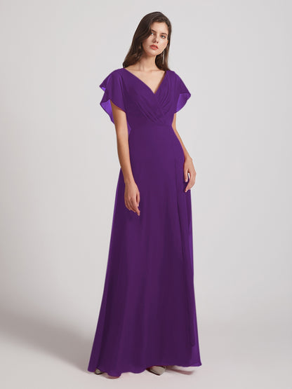 V Neck Flutter Sleeve Backless Bridesmaid Dresses With Slit