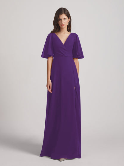 Flutter Sleeve V Neck Chiffon Bridesmaid Dresses