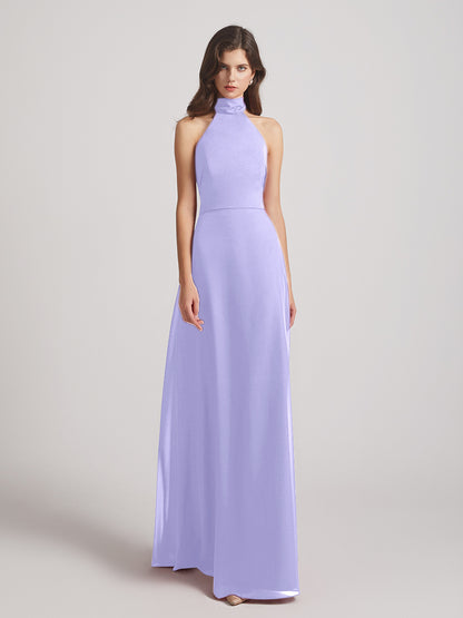 High Neck Chiffon Bridesmaid Dresses With Ribbons