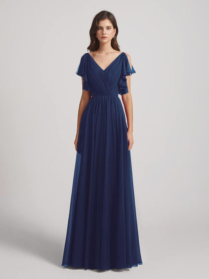 Open Flutter Sleeve Pleated Bodice A Line Bridesmaid Dresses