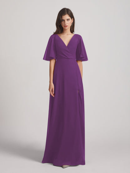 Flutter Sleeve V Neck Chiffon Bridesmaid Dresses