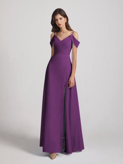 Chiffon Cold Shoulder V Neck Bridesmaid Dresses With Slit