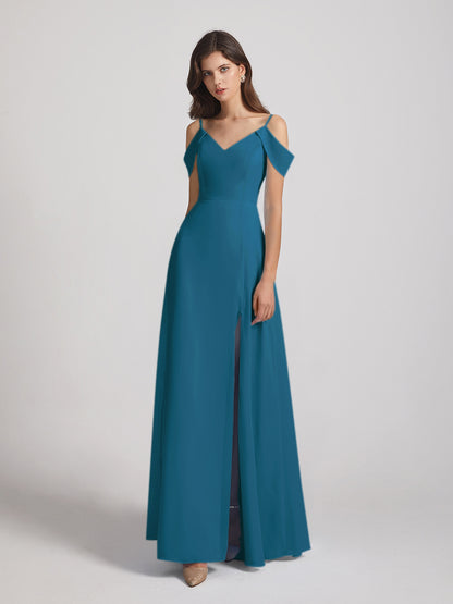 Chiffon Cold Shoulder V Neck Bridesmaid Dresses With Slit