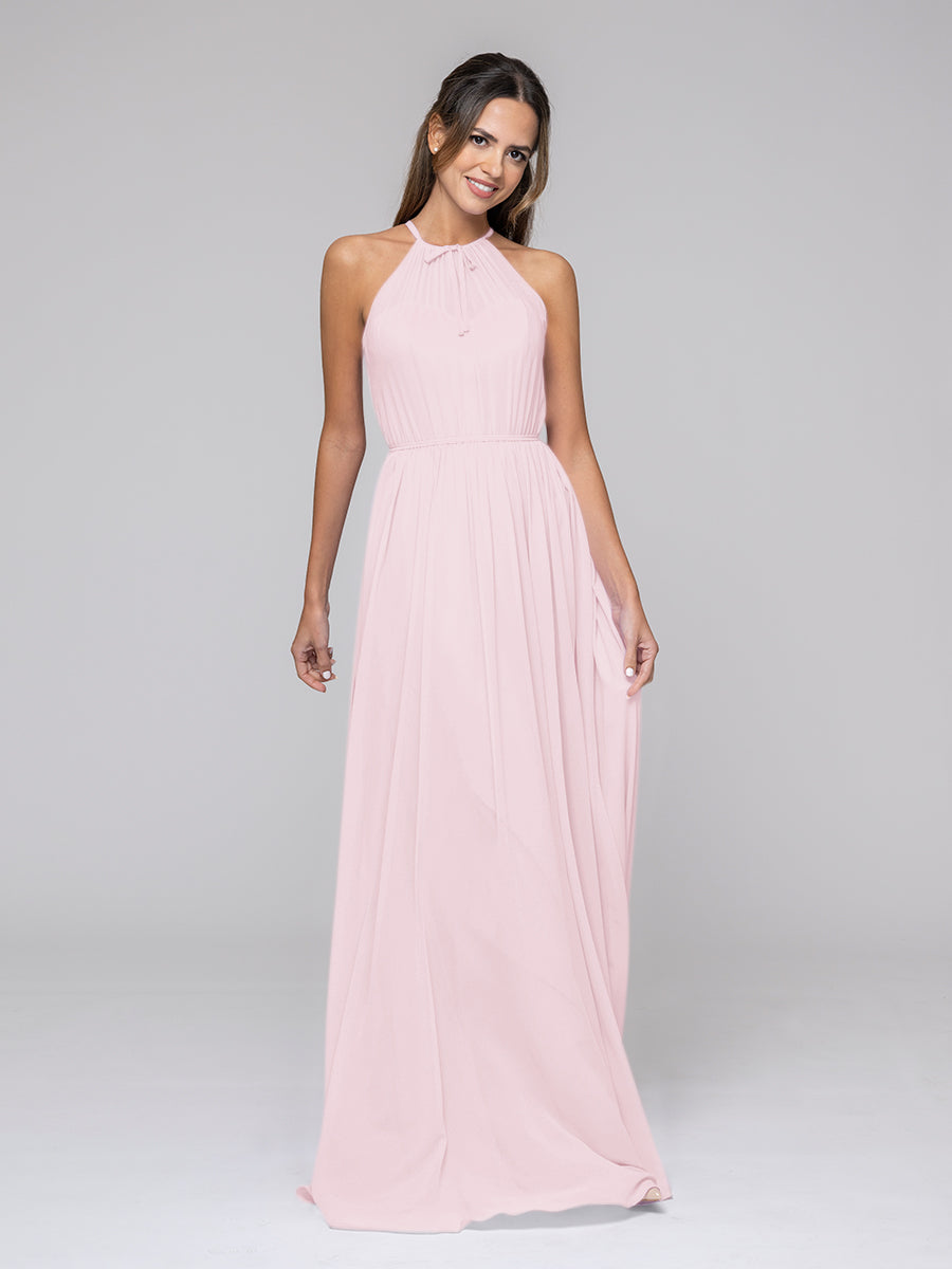 Long Chiffon Halter Bridal Party Dresses With Pleated Bodice – Yelure