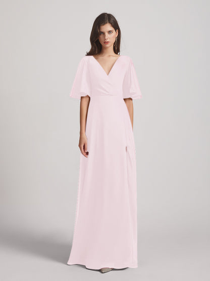 Flutter Sleeve V Neck Chiffon Bridesmaid Dresses