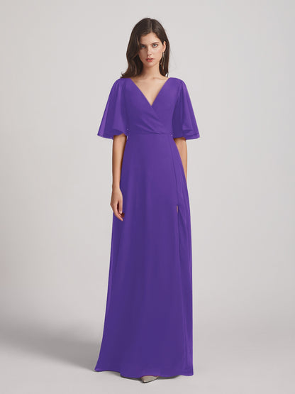 Flutter Sleeve V Neck Chiffon Bridesmaid Dresses