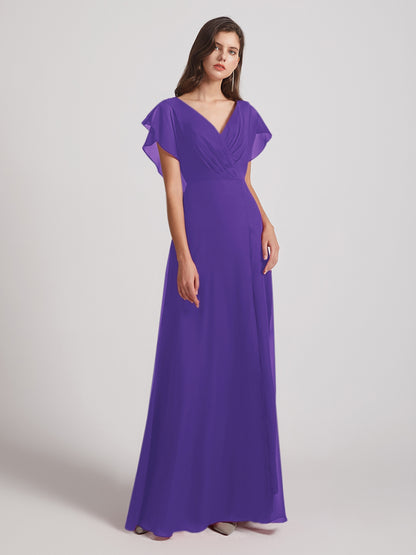 V Neck Flutter Sleeve Backless Bridesmaid Dresses With Slit