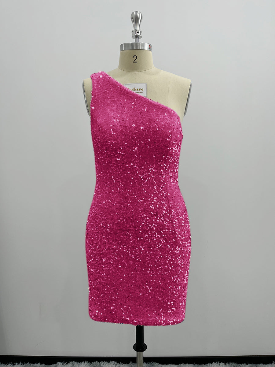 Shiny One Shoulder Velvet Sequin Sheath Homecoming Dresses