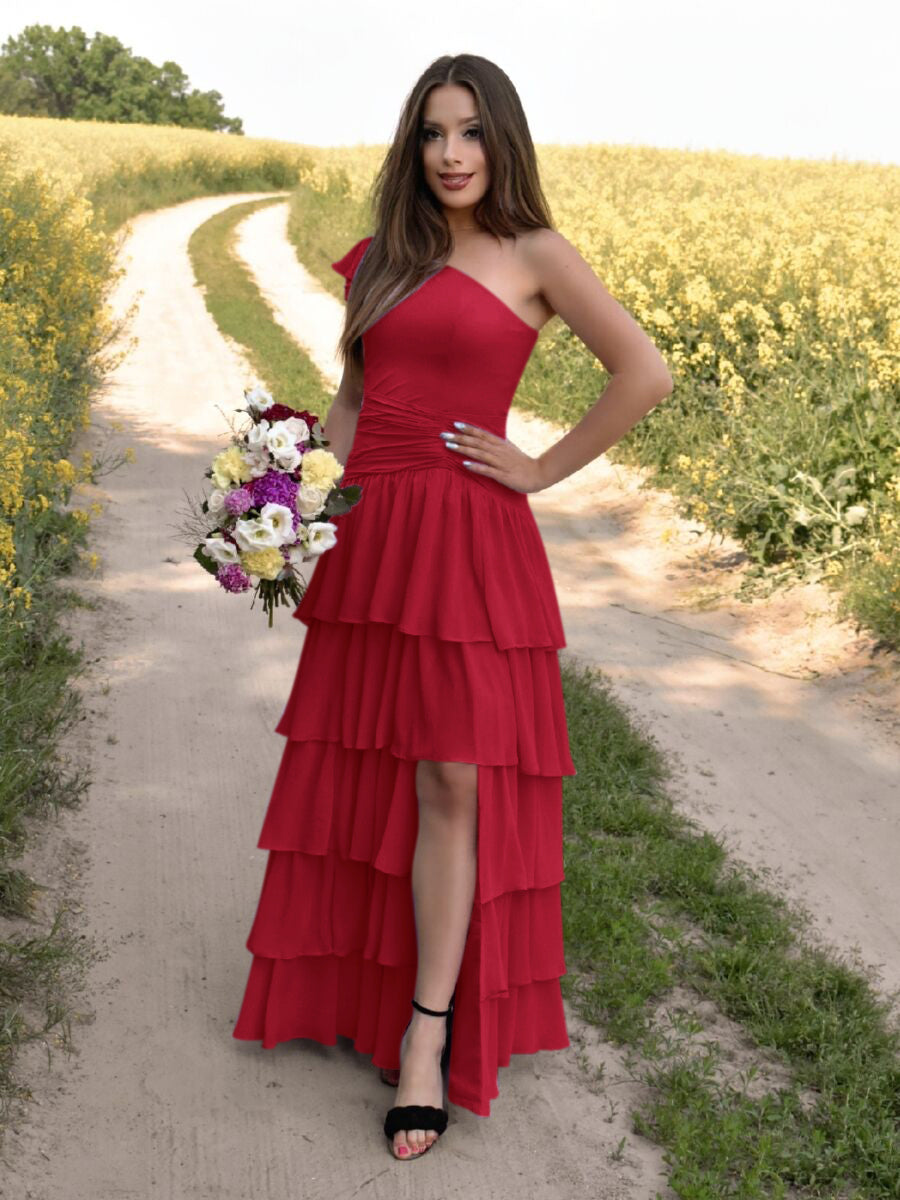 Red One Shoulder Chiffon Dress