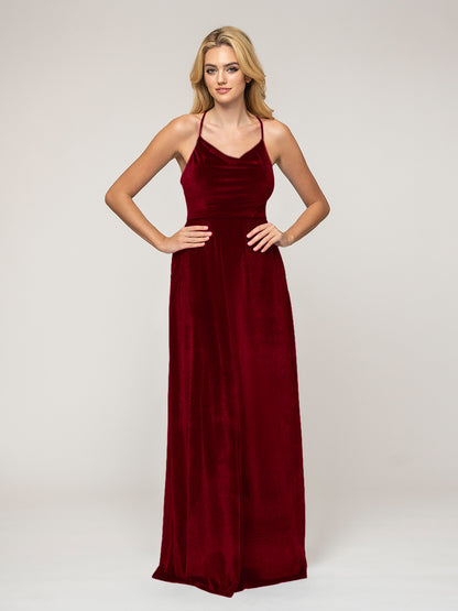 Cowl Neck Velvet Bridesmaid Dresses With Crisscross Back