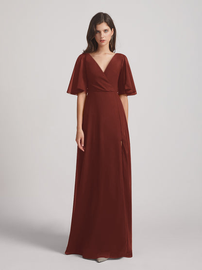 Flutter Sleeve V Neck Chiffon Bridesmaid Dresses