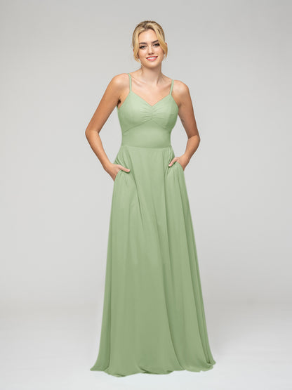 Spaghetti Strap Tie Back Long Chiffon Bridesmaid Dresses