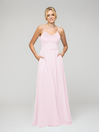 Spaghetti Strap Tie Back Long Chiffon Bridesmaid Dresses