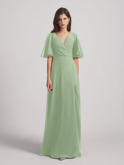 Flutter Sleeve V Neck Chiffon Bridesmaid Dresses