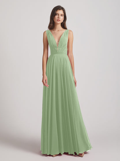 Plunging V Neck Chiffon Bridesmaid Dresses With Low Back