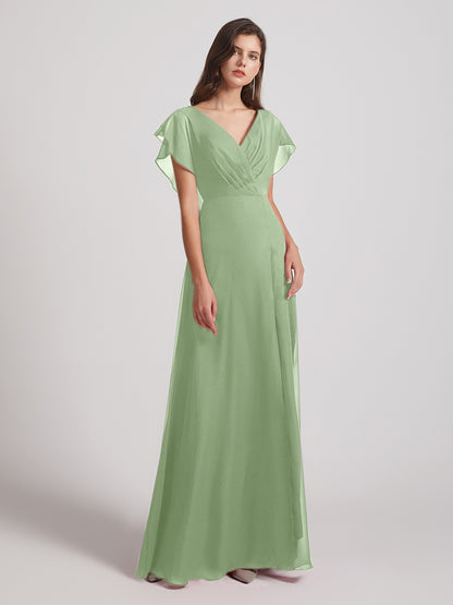 V Neck Flutter Sleeve Backless Bridesmaid Dresses With Slit