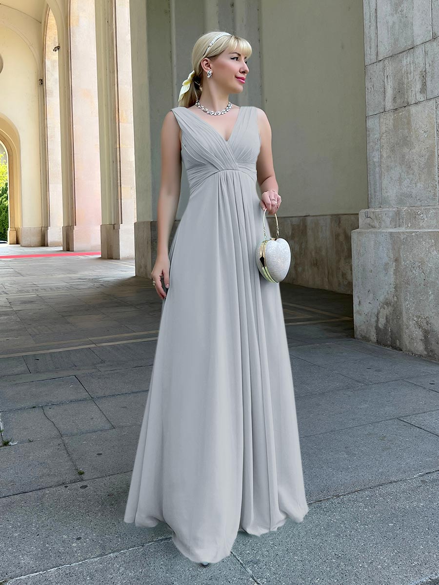 Straps Draped V-Neck Shirred Chiffon A Line Bridesmaid Dresses – Yelure