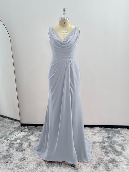 Sheath Cowl Neck Sleeveless Chiffon Bridesmaid Dresses With Slit and Ruffles