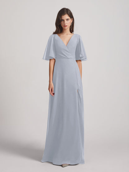 Flutter Sleeve V Neck Chiffon Bridesmaid Dresses