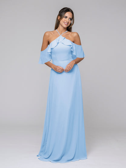 Halter Ruffles Off The Shoulder Chiffon Floor Length Bridesmaid Dresses