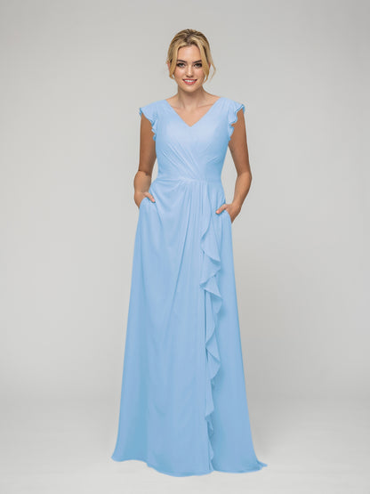 V Neck Chiffon Cap Sleeves Long Bridesmaid Dresses