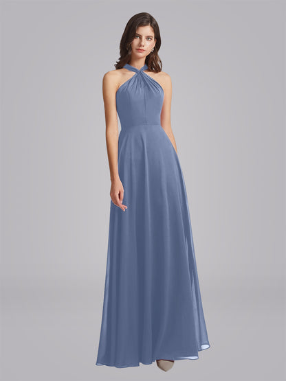 Halter Neckline Chiffon A Line Bridesmaid Dresses