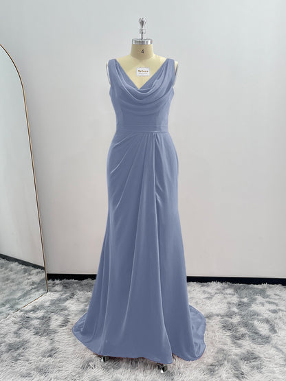 Sheath Cowl Neck Sleeveless Chiffon Bridesmaid Dresses With Slit and Ruffles