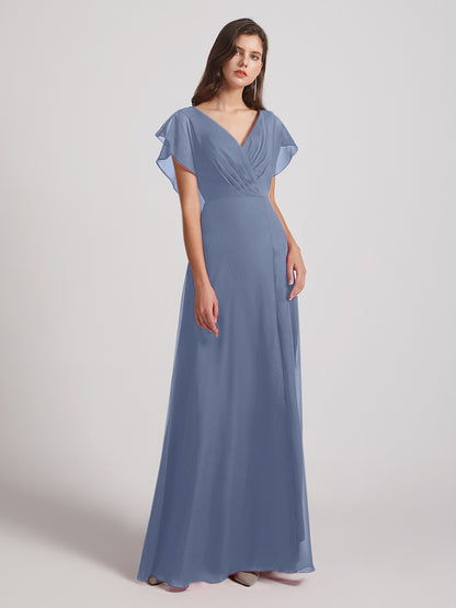 V Neck Flutter Sleeve Backless Bridesmaid Dresses With Slit