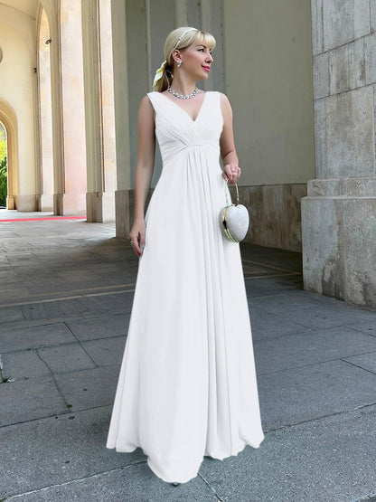 Straps Draped V-Neck Shirred Chiffon A Line Bridesmaid Dresses