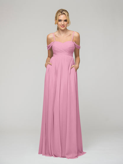 Cold Shoulder Chiffon Bridesmaid Dresses With Draped Bodice