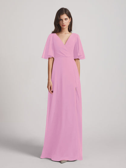 Flutter Sleeve V Neck Chiffon Bridesmaid Dresses