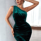 Green One Shoulder Velvet Pleated Party Dress