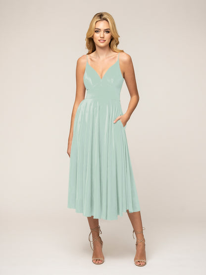 Spaghetti Strap A Line Tea Length Velvet Dress