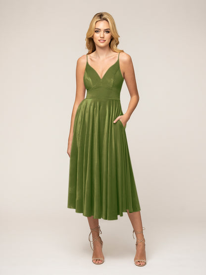 Spaghetti Strap A Line Tea Length Velvet Dress