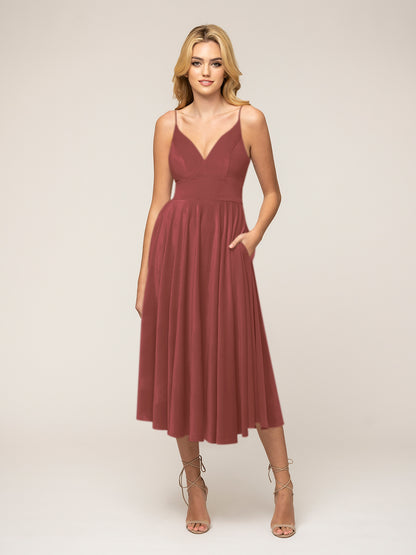 Spaghetti Strap A Line Tea Length Velvet Dress