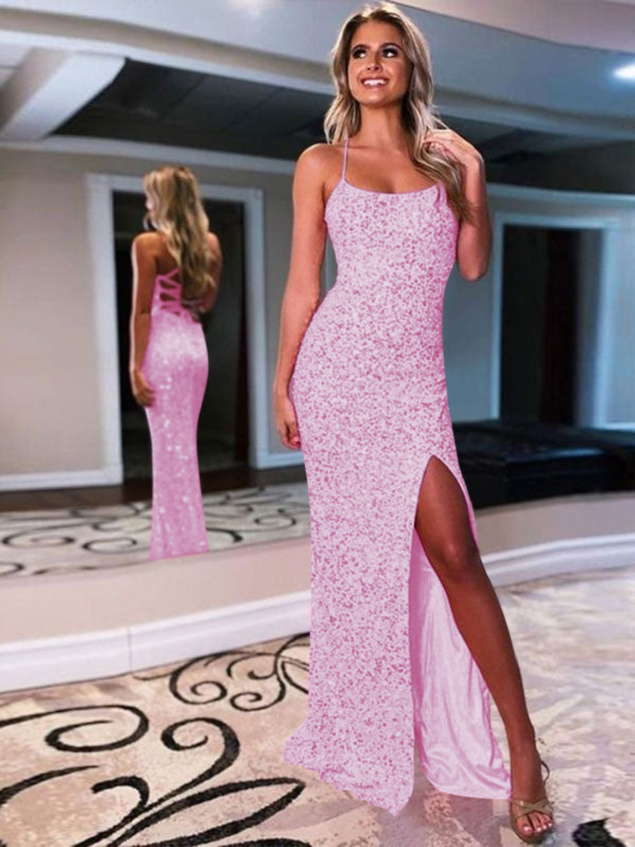 Sparkly Prom Dress 2023 Sheath Spaghetti Straps Long Velvet Sequin Ball Gown Yelure