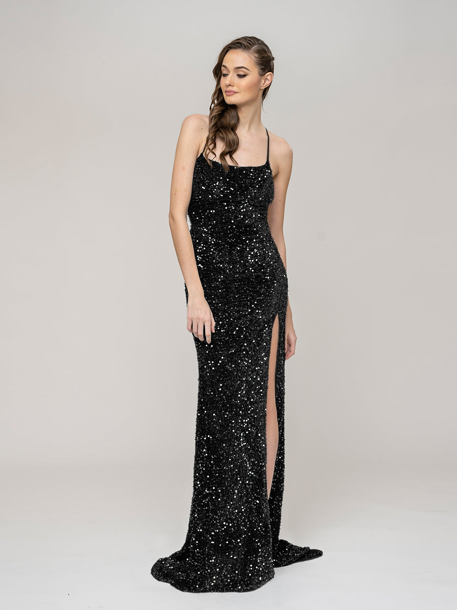 Criss Cross Back Sequin Prom Dress