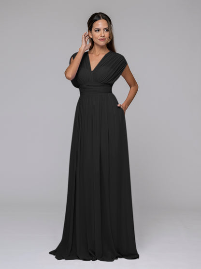 Chiffon V Neck Cap Sleeve Floor Length Bridesmaid Dresses