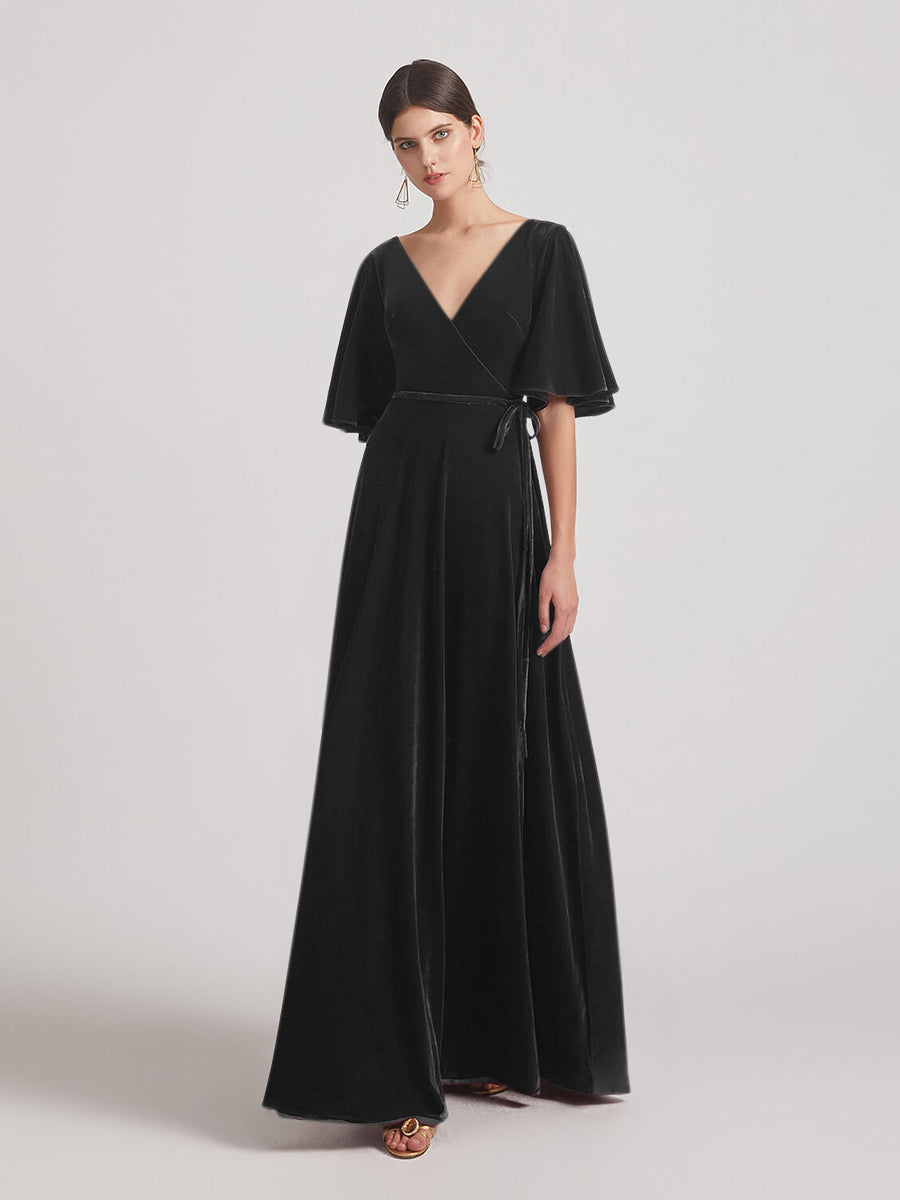 Elbow Length Flutter Sleeve Velvet Maxi Bridesmaid Dresses Yelure