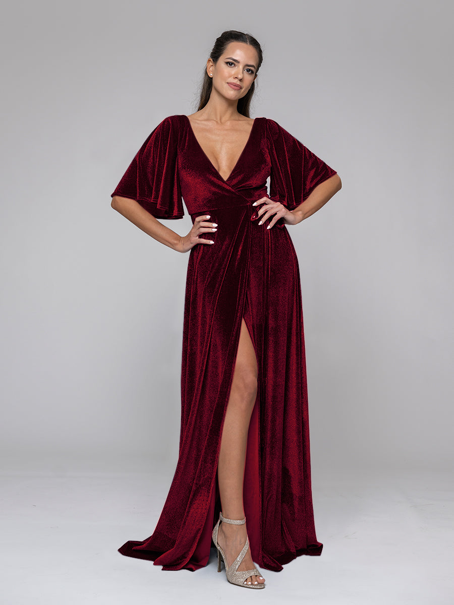 Flutter buy Sleeves V Neck Tiered Velvet Dress